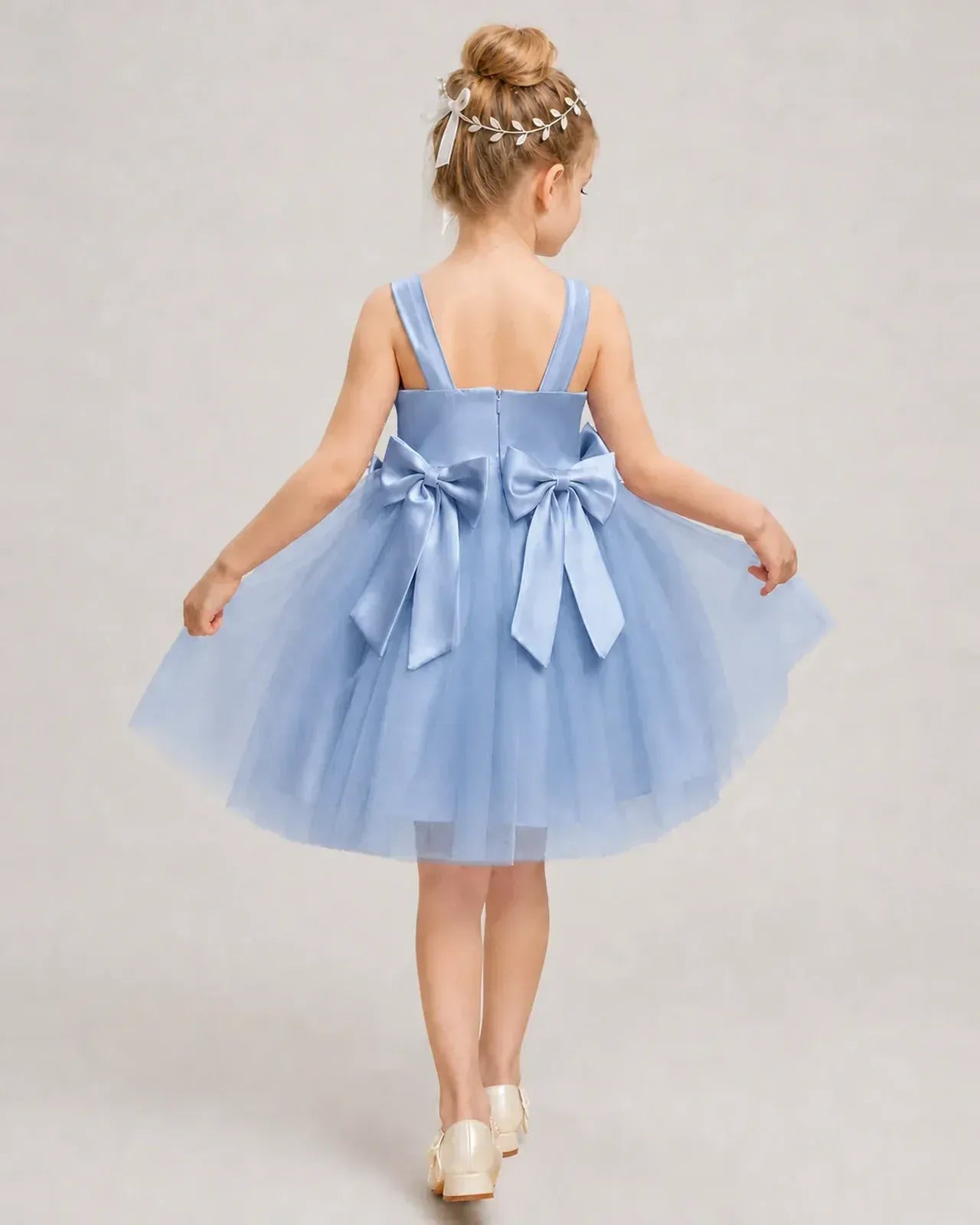 Dustyblue Satin Tulle A-line Girls Formal Dress Back View