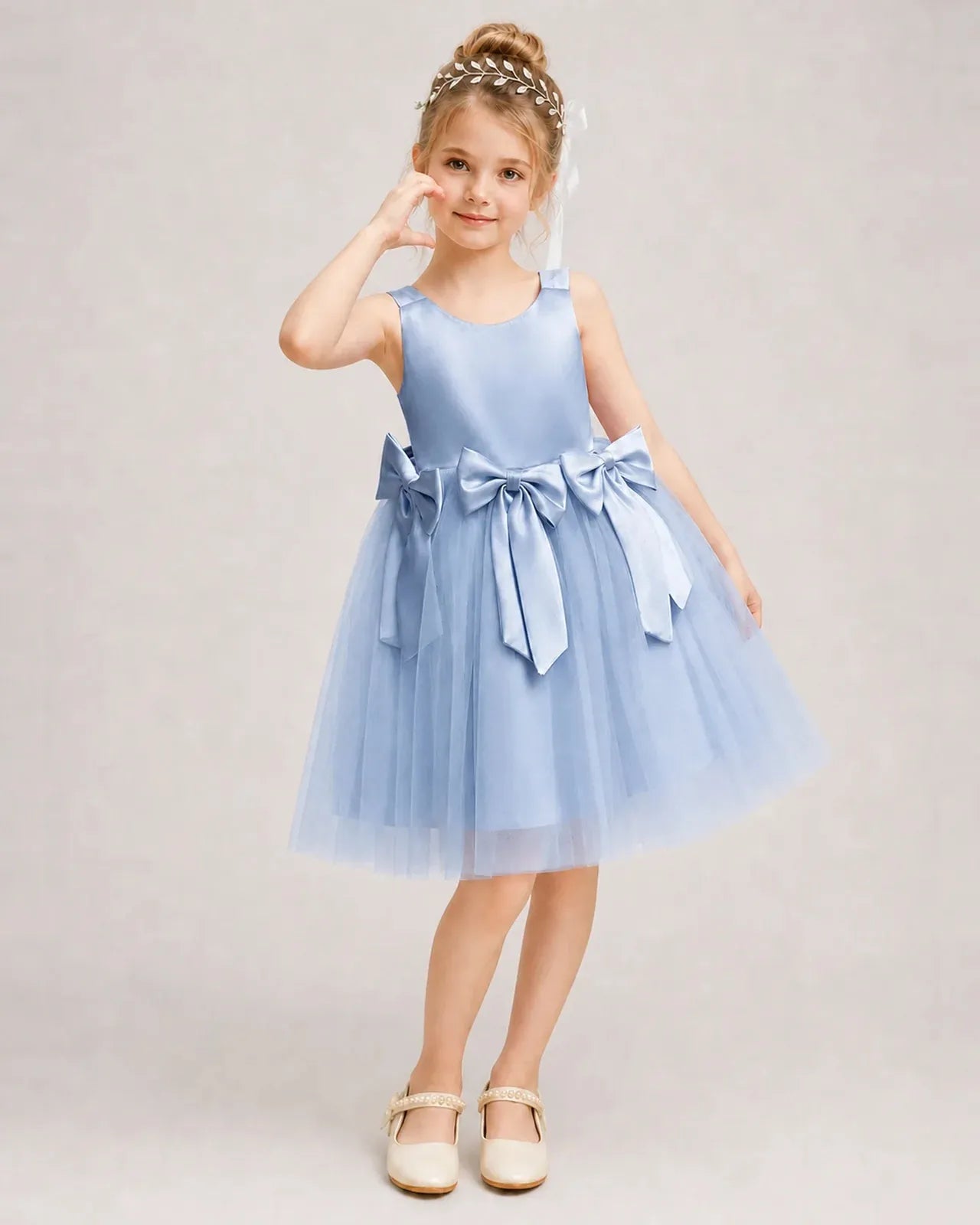 Dustyblue Satin Tulle A-line Girls Formal Dress Front View