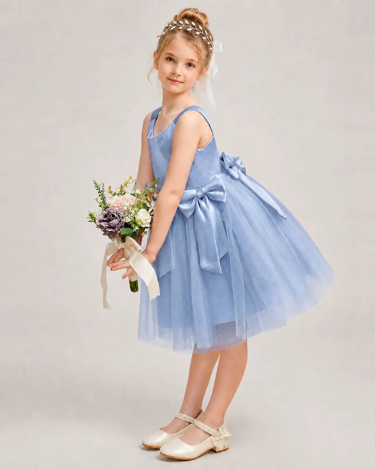 Dustyblue Satin Tulle A-line Girls Formal Dress Side View