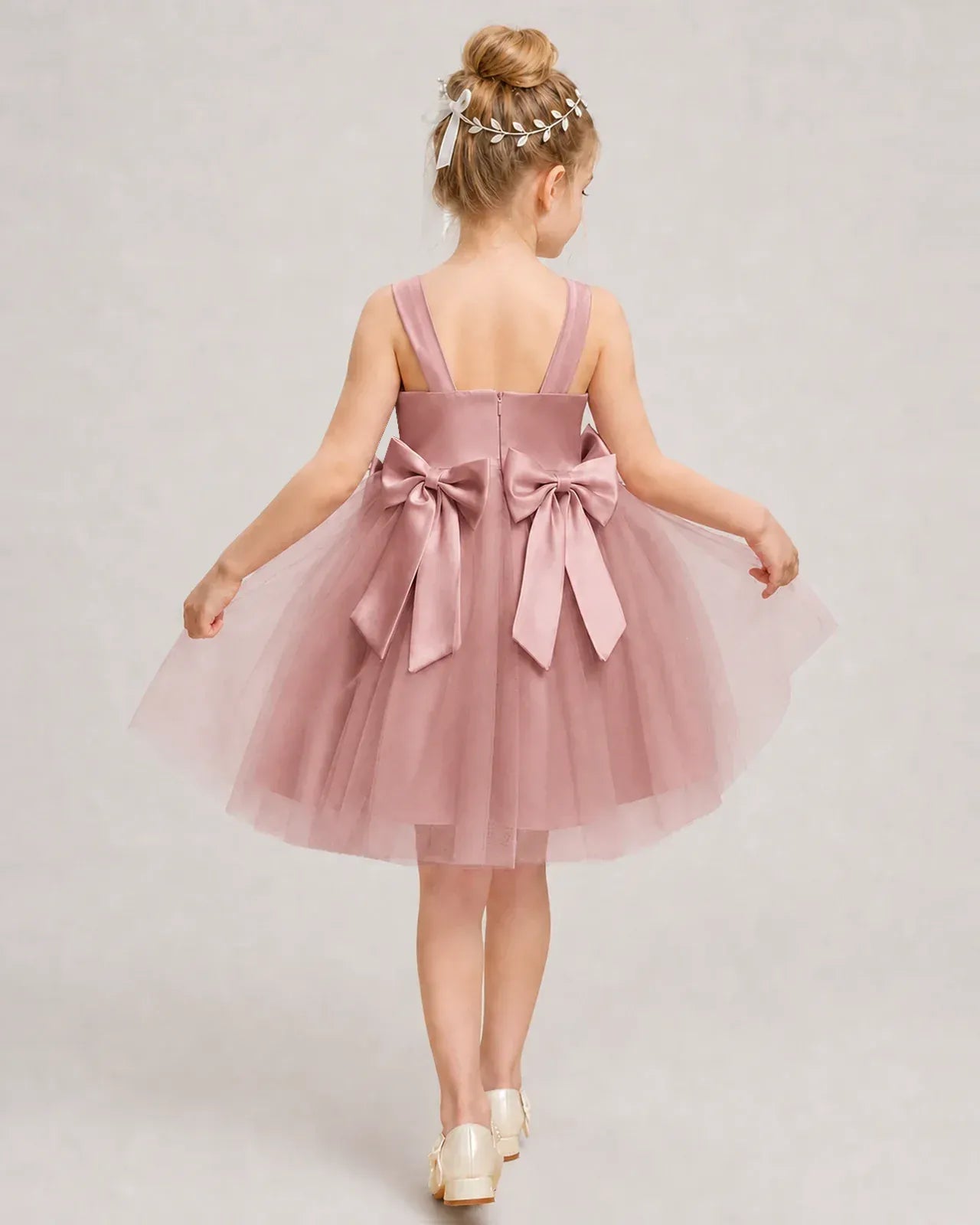 Dustyrose Satin Tulle A-line Girls Formal Dress Back View