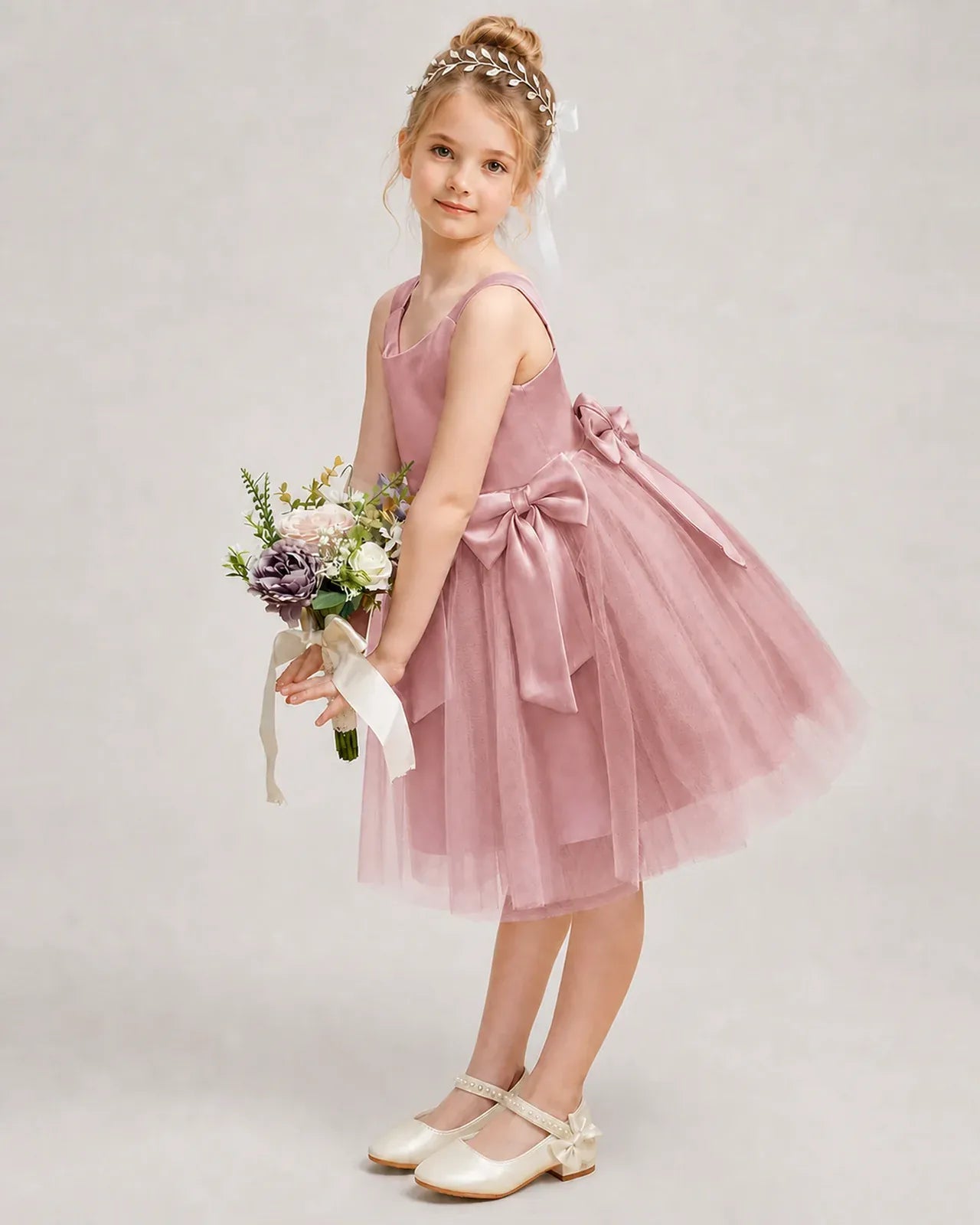 Dustyrose Satin Tulle A-line Girls Formal Dress Side View