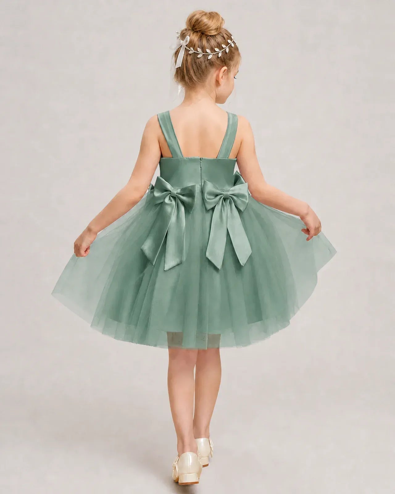 Eucalyptus Satin Tulle A-line Girls Formal Dress Back View