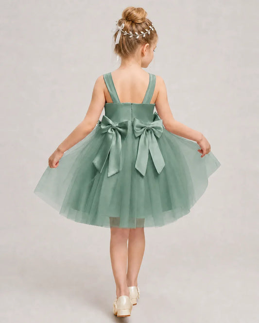 Eucalyptus Satin Tulle A-line Girls Formal Dress Back View