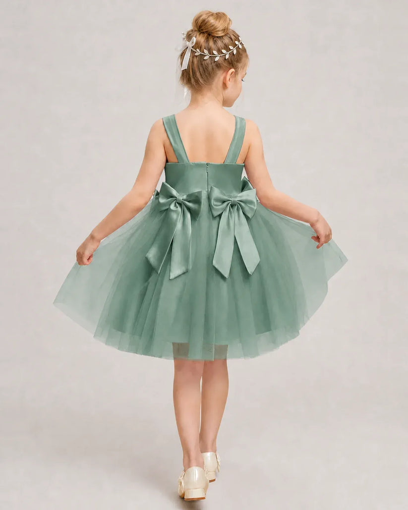 Eucalyptus Satin Tulle A-line Girls Formal Dress Back View