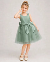 Eucalyptus Satin Tulle A-line Girls Formal Dress Front View