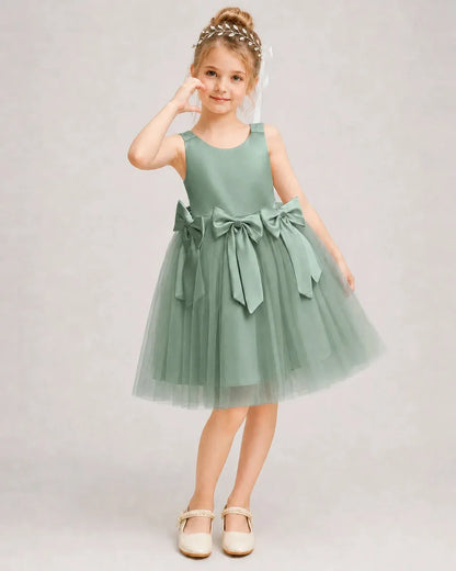 Eucalyptus Satin Tulle A-line Girls Formal Dress Front View