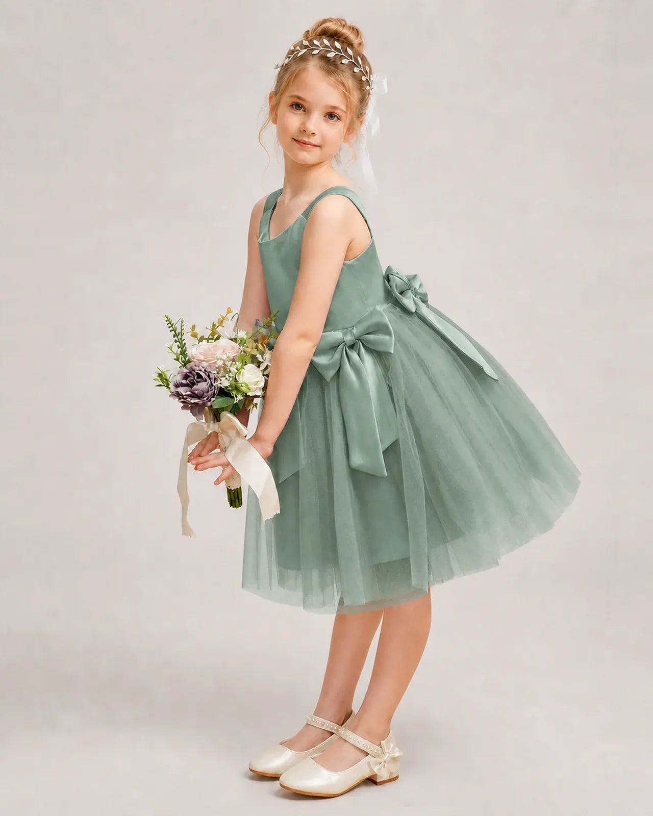 Eucalyptus Satin Tulle A-line Girls Formal Dress Side View