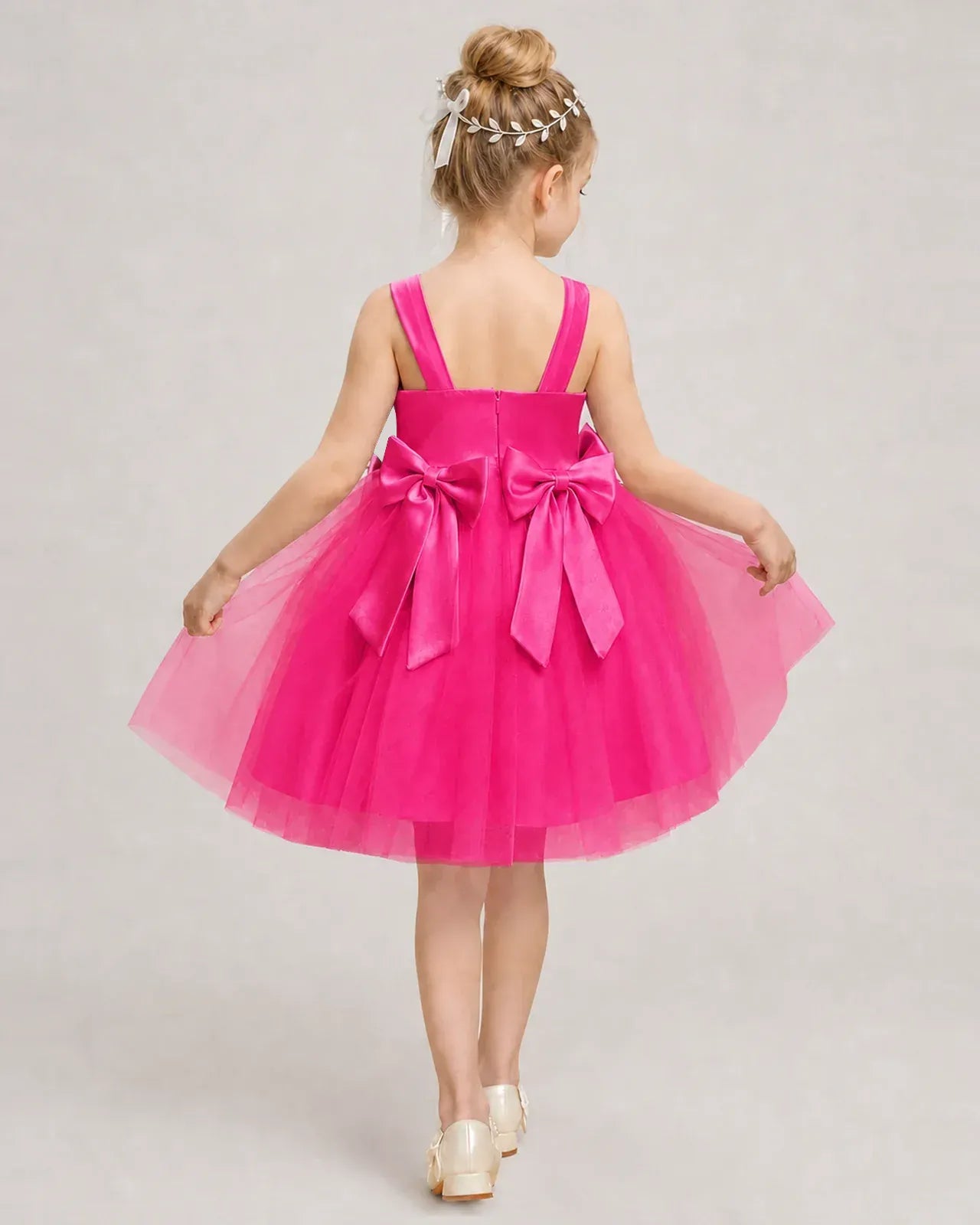 Hotpink Satin Tulle A-line Girls Formal Dress Back View