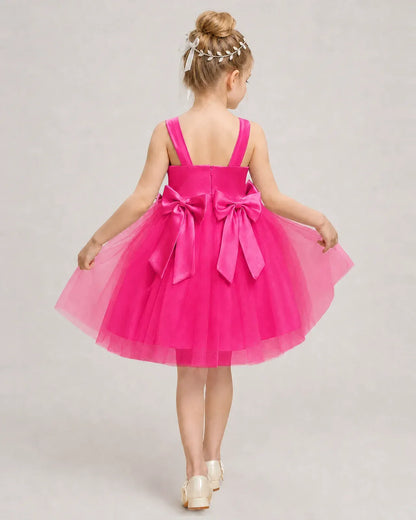 Hotpink Satin Tulle A-line Girls Formal Dress Back View