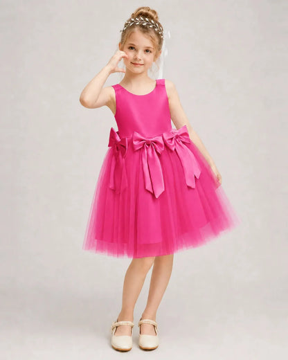 Hotpink Satin Tulle A-line Girls Formal Dress Front View