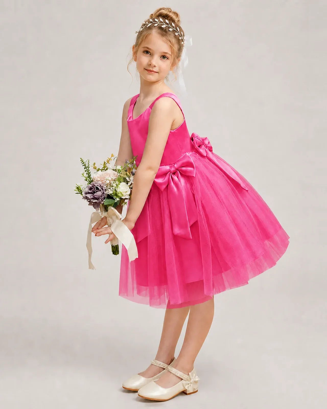Hotpink Satin Tulle A-line Girls Formal Dress Side View