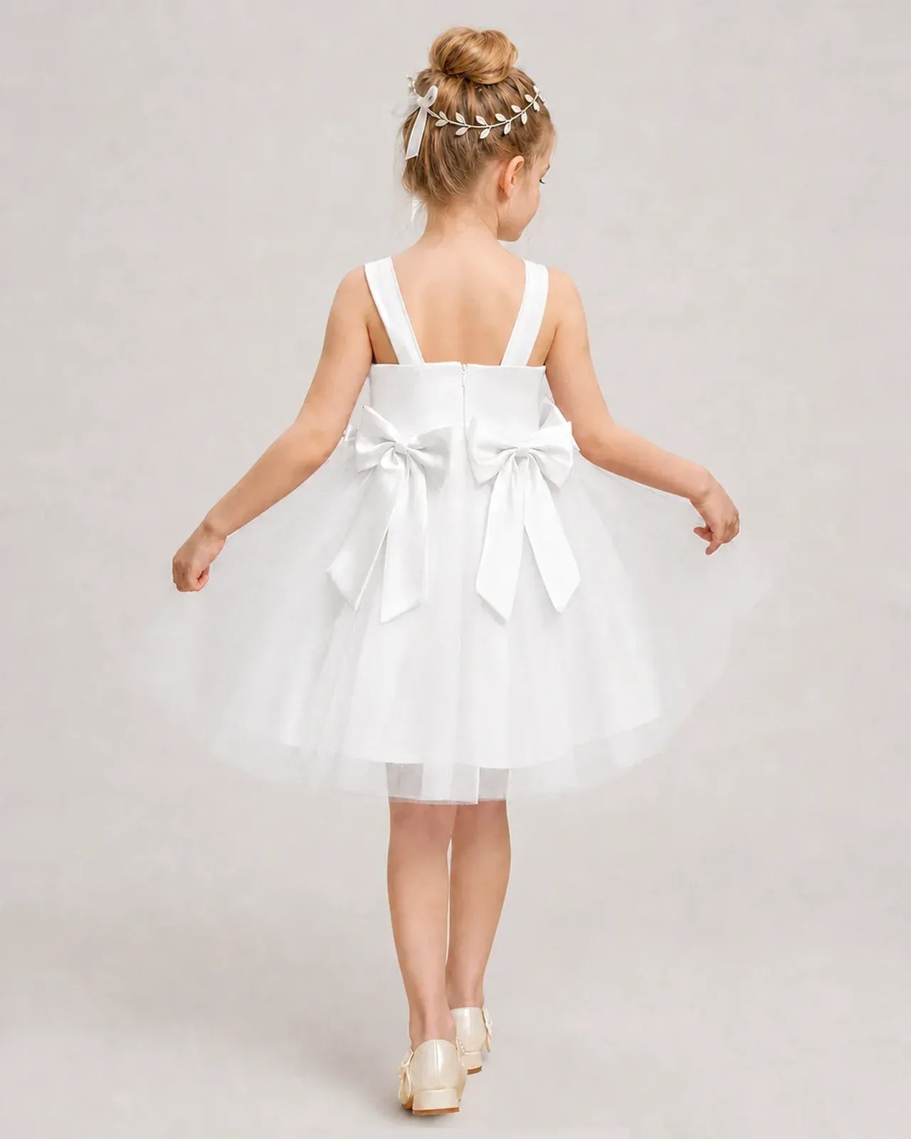 Ivory Satin Tulle A-line Girls Formal Dress Back View