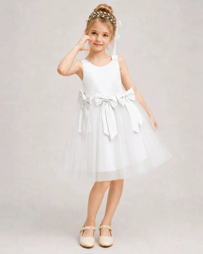 Ivory Satin Tulle A-line Girls Formal Dress Front View