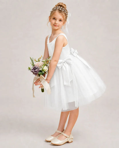 Ivory Satin Tulle A-line Girls Formal Dress Side View
