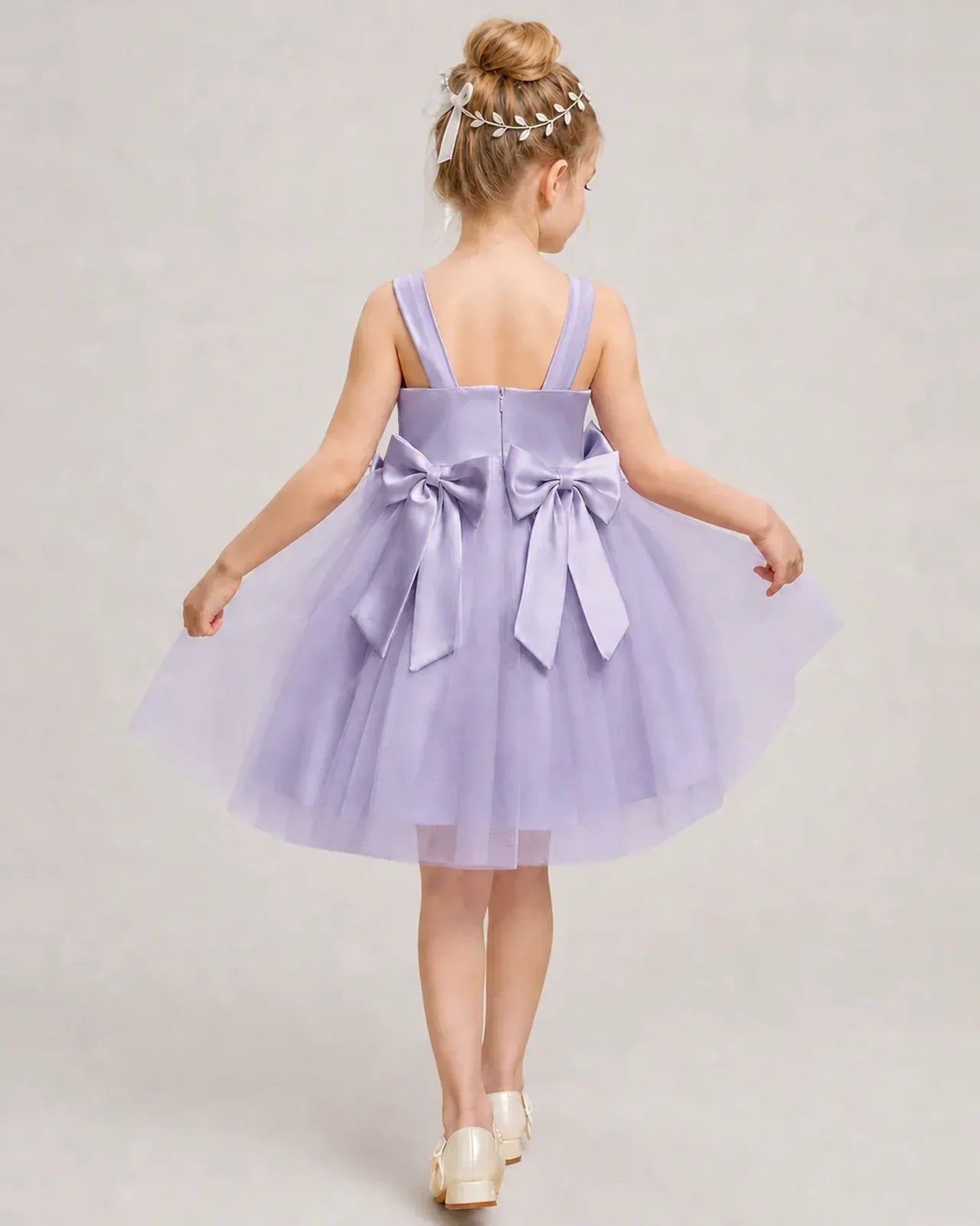 Lavender Satin Tulle A-line Girls Formal Dress Back View