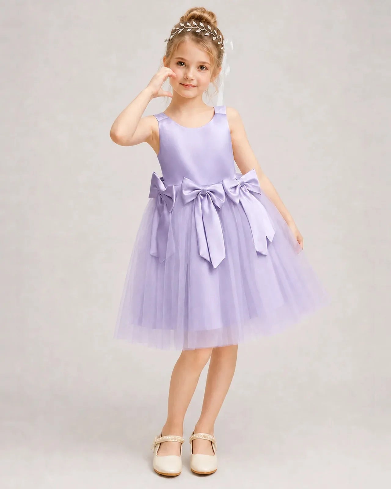 Lavender Satin Tulle A-line Girls Formal Dress Front View