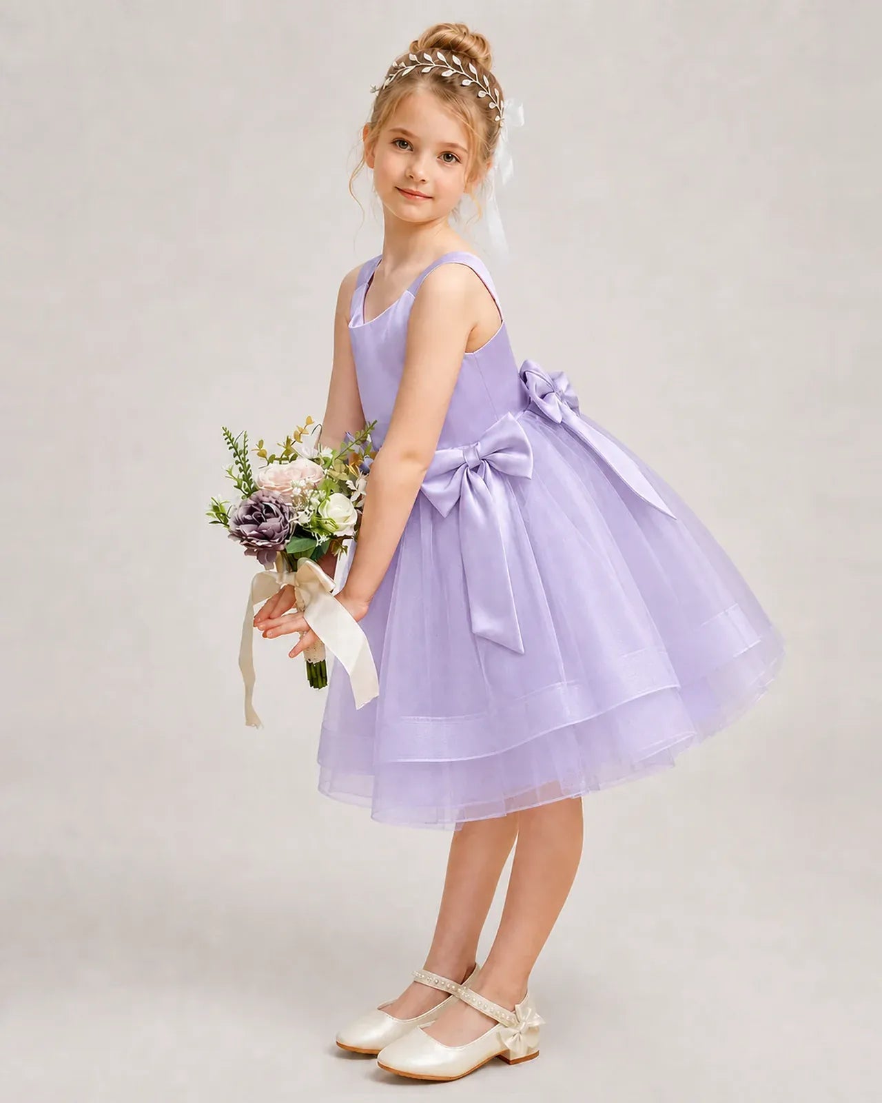 Lavender Satin Tulle A-line Girls Formal Dress Side View