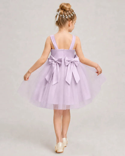 Lilac Satin Tulle A-line Girls Formal Dress Back View