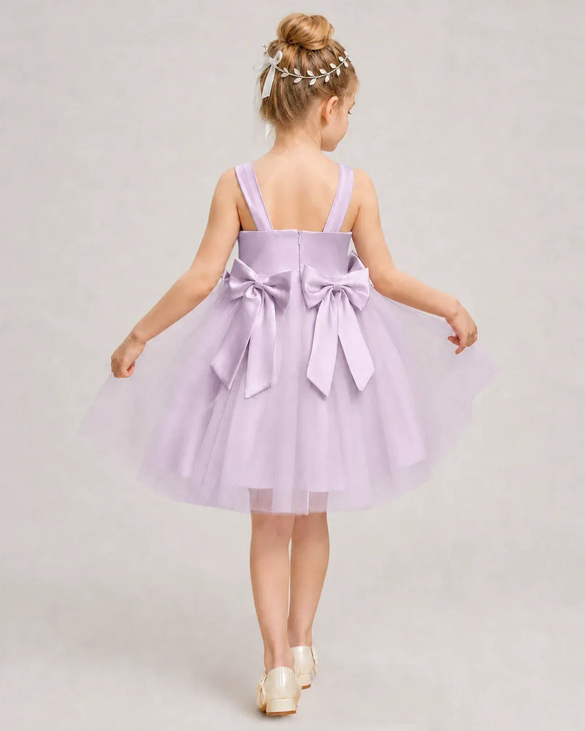 Lilac Satin Tulle A-line Girls Formal Dress Back View