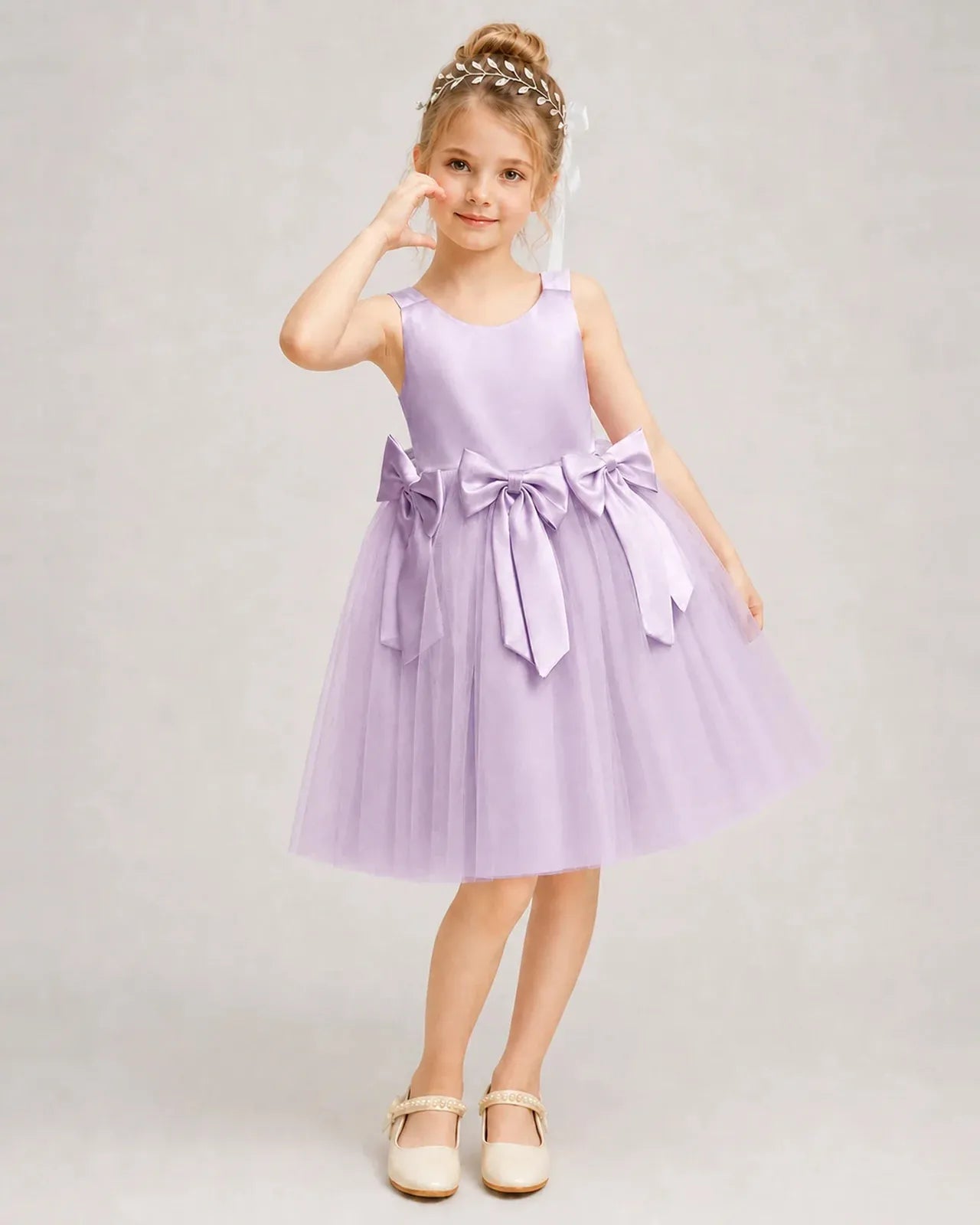 Lilac Satin Tulle A-line Girls Formal Dress Front View