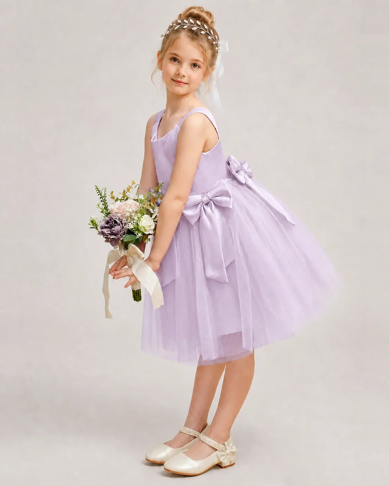 Lilac Satin Tulle A-line Girls Formal Dress Side View