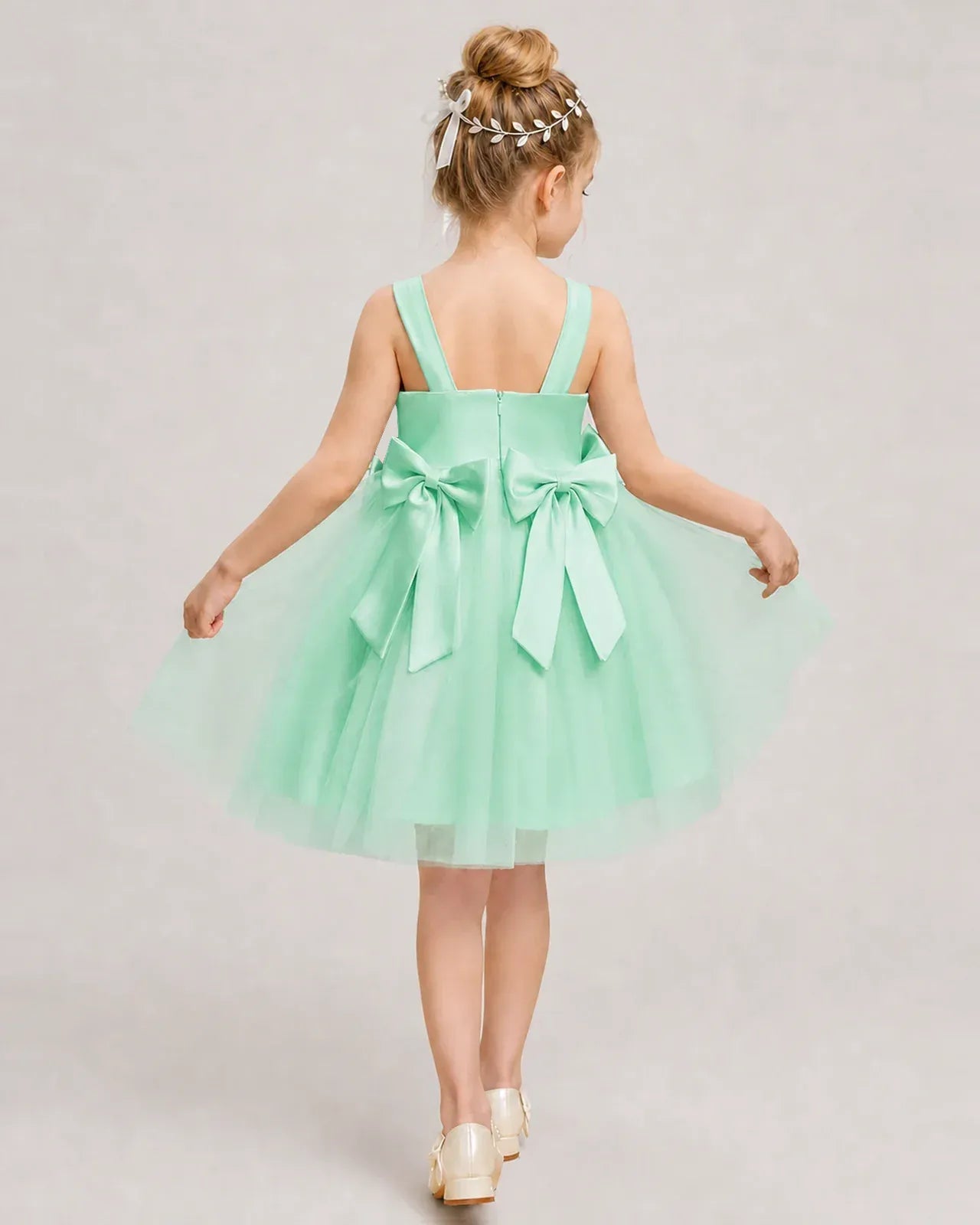 Mintgreen Satin Tulle A-line Girls Formal Dress Back View