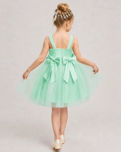 Mintgreen Satin Tulle A-line Girls Formal Dress Back View