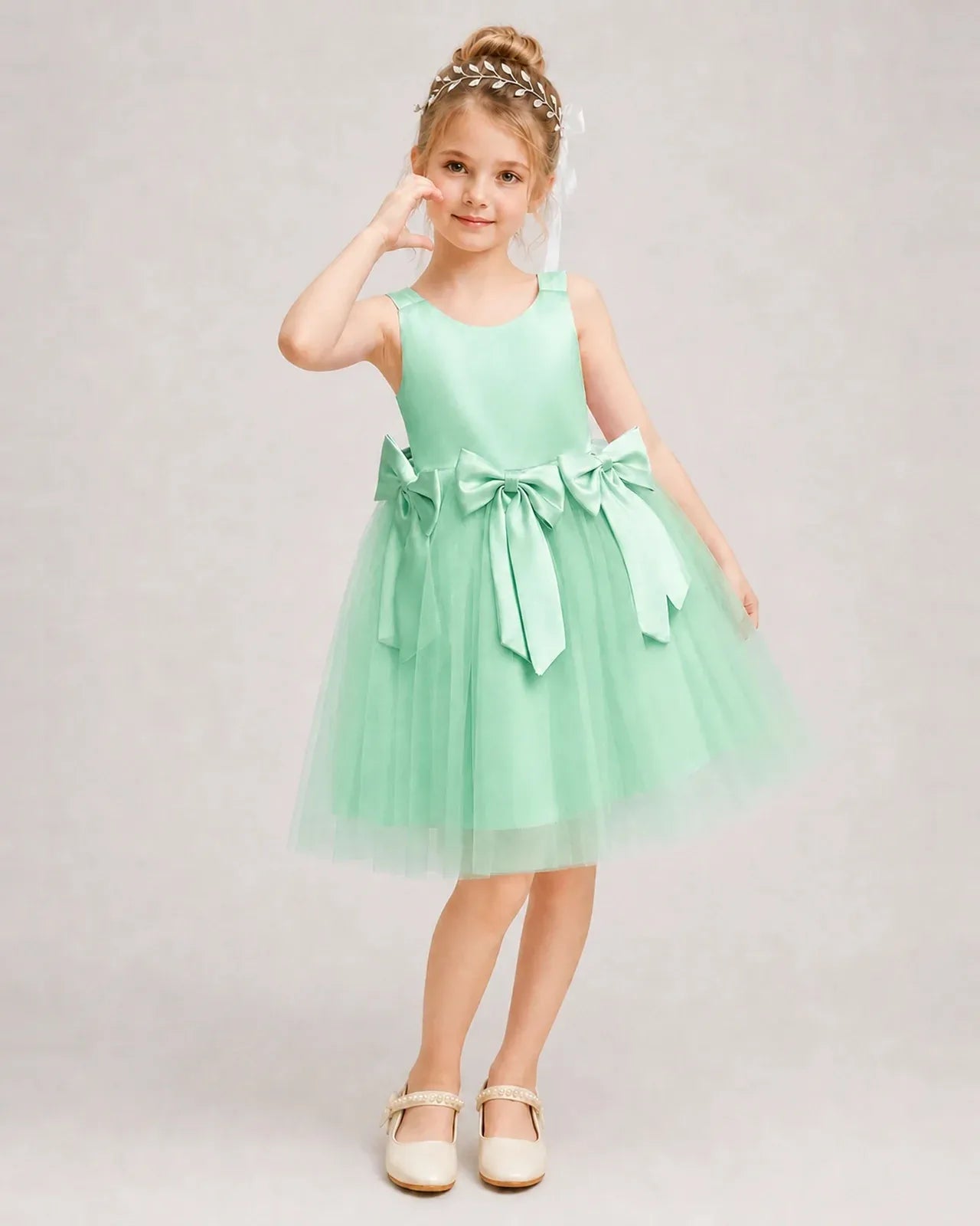 Mintgreen Satin Tulle A-line Girls Formal Dress Front View