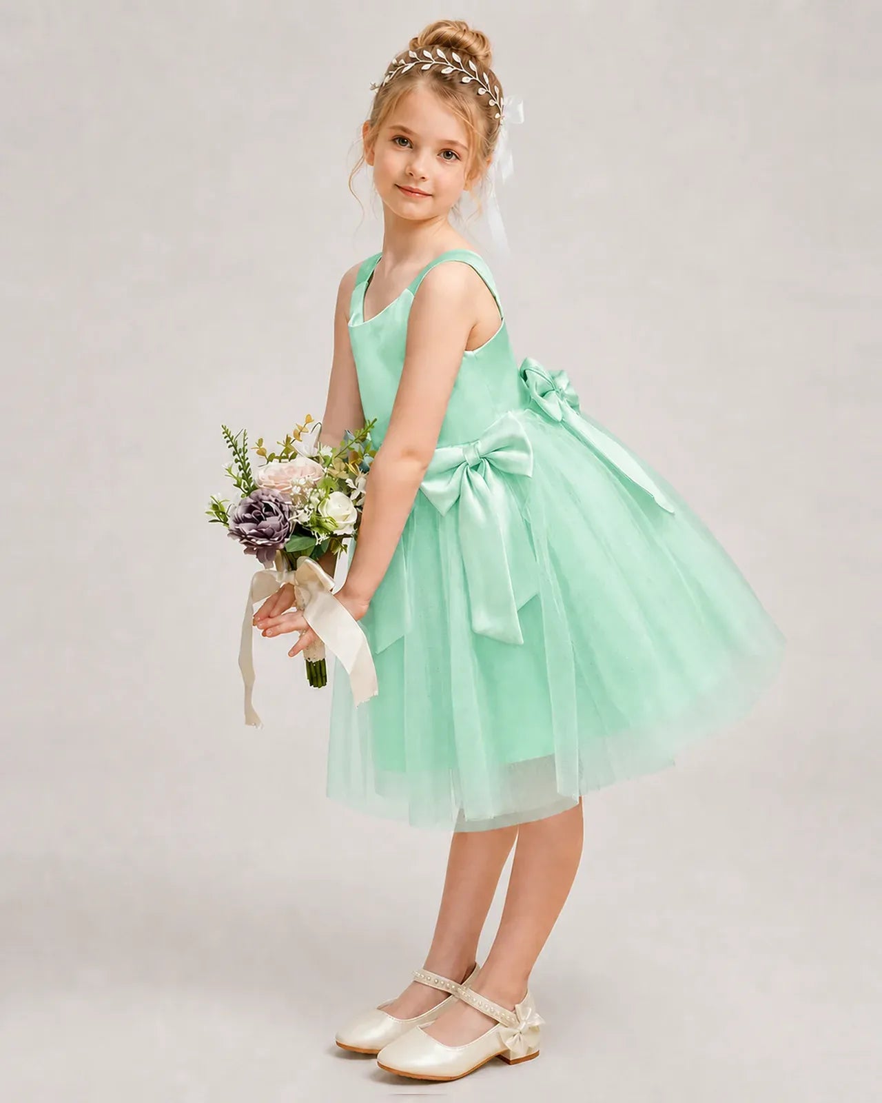 Mintgreen Satin Tulle A-line Girls Formal Dress Side View