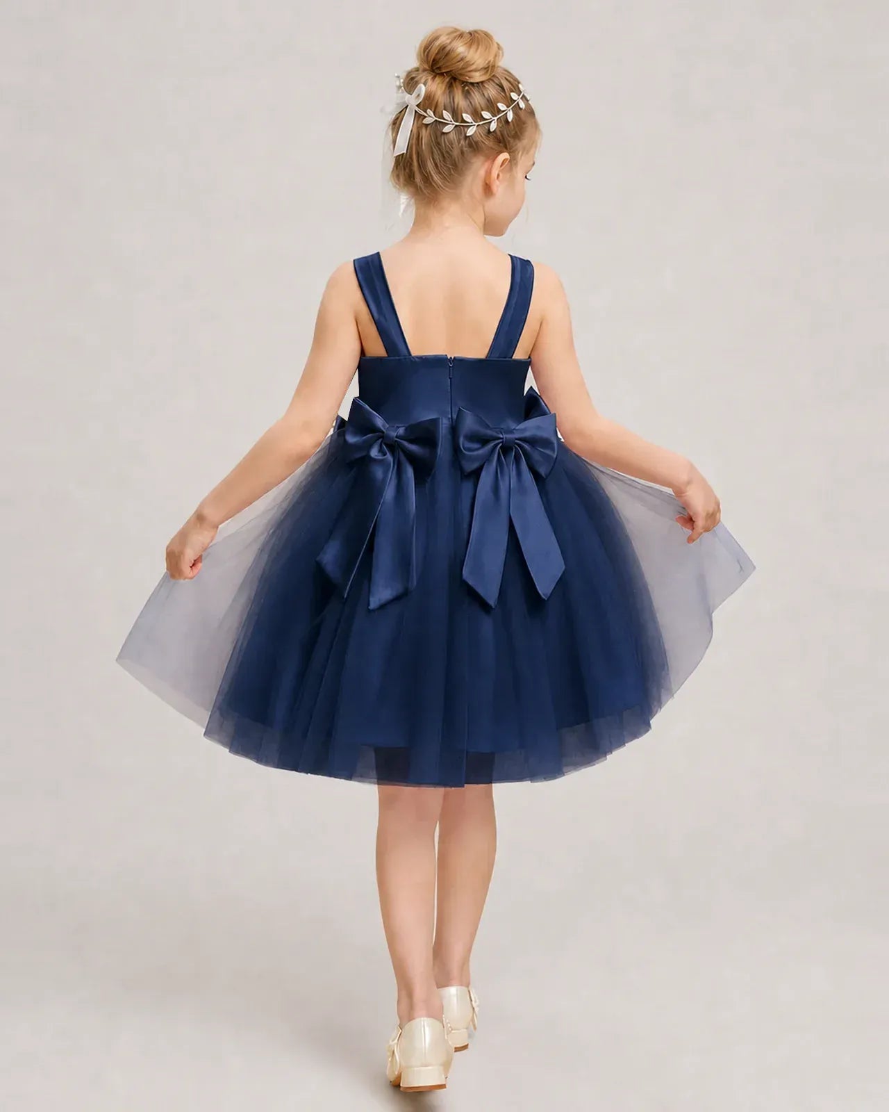 Navyblue Satin Tulle A-line Girls Formal Dress Back View