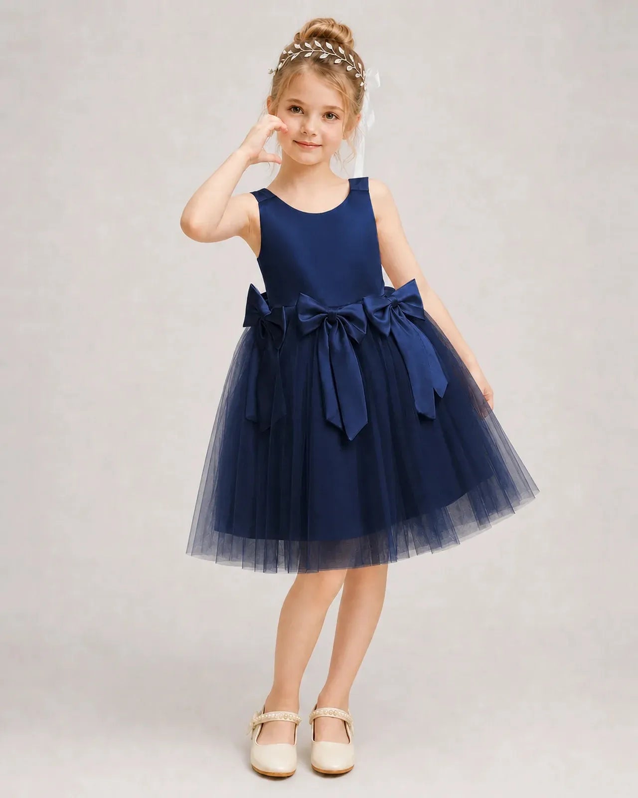 Navyblue Satin Tulle A-line Girls Formal Dress Front View