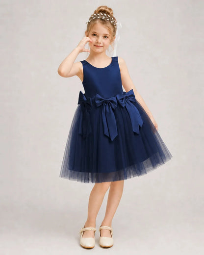 Navyblue Satin Tulle A-line Girls Formal Dress Front View