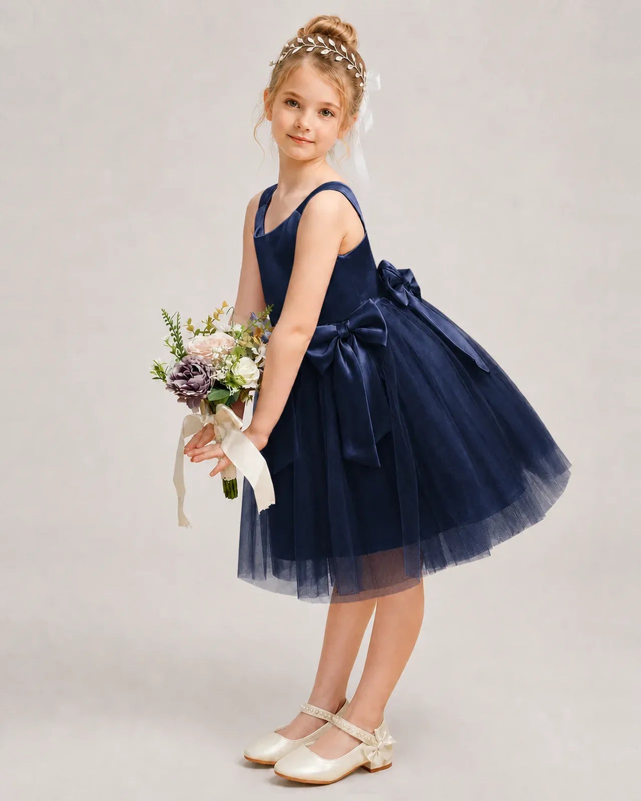 Navyblue Satin Tulle A-line Girls Formal Dress Side View