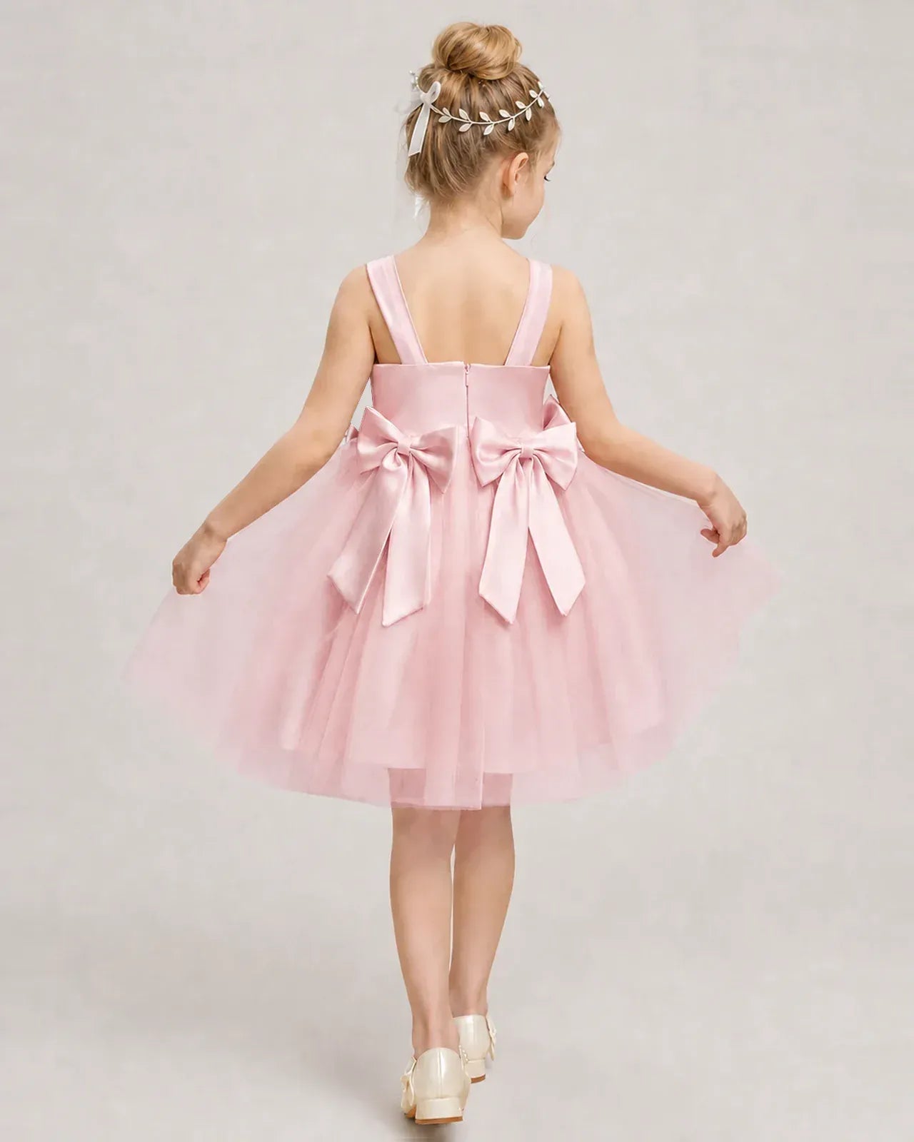 Pink Satin Tulle A-line Girls Formal Dress Back View