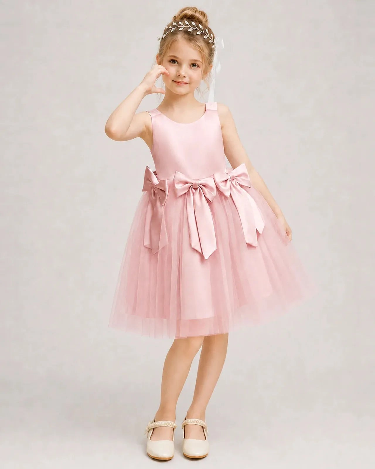 Pink Satin Tulle A-line Girls Formal Dress Front View