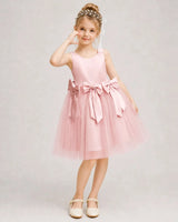 Pink Satin Tulle A-line Girls Formal Dress Front View