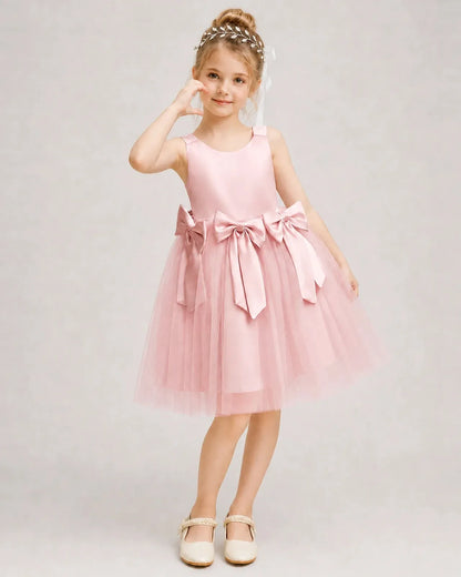 Pink Satin Tulle A-line Girls Formal Dress Front View