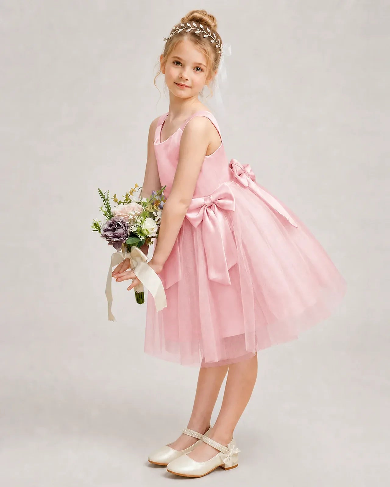 Pink Satin Tulle A-line Girls Formal Dress Side View
