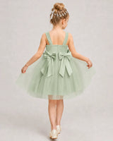 Sagegreen Satin Tulle A-line Girls Formal Dress Back View