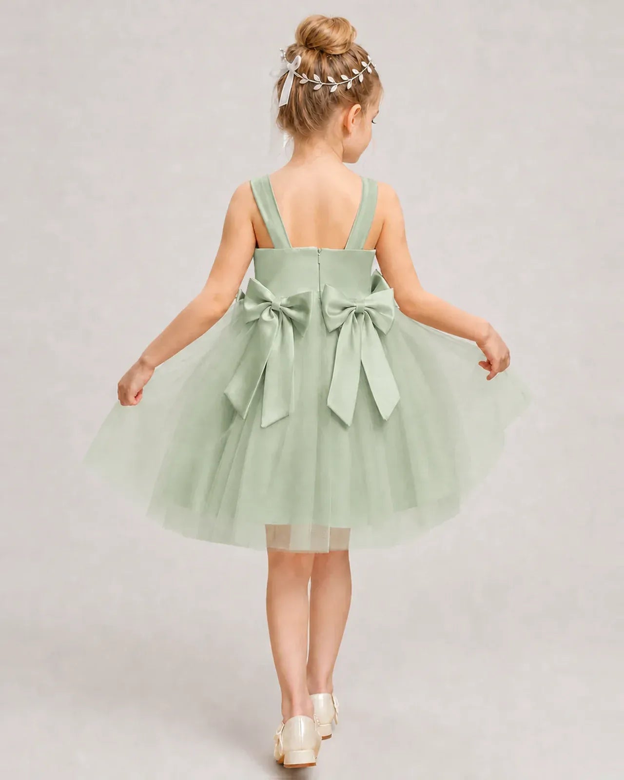 Sagegreen Satin Tulle A-line Girls Formal Dress Back View