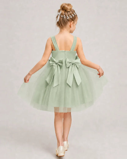 Sagegreen Satin Tulle A-line Girls Formal Dress Back View