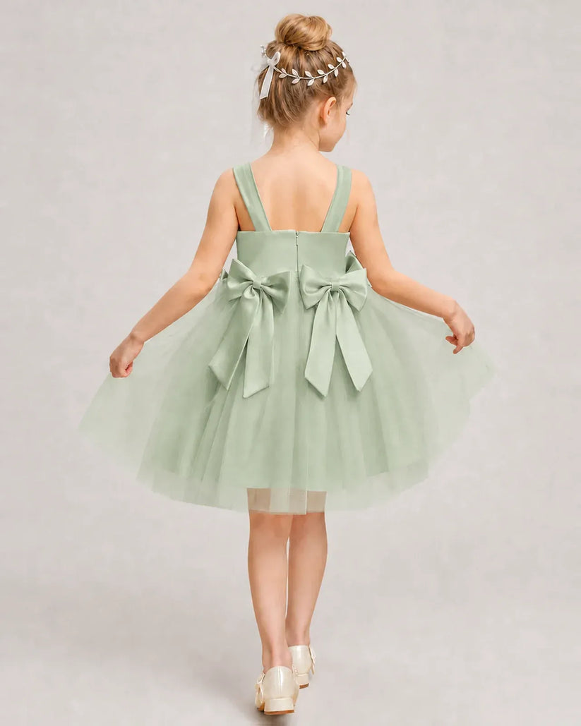 Sagegreen Satin Tulle A-line Girls Formal Dress Back View