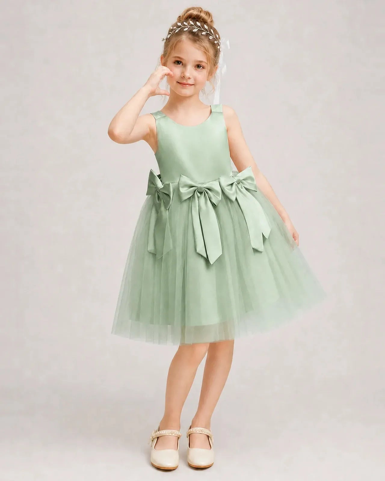 Sagegreen Satin Tulle A-line Girls Formal Dress Front View