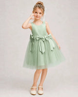 Sagegreen Satin Tulle A-line Girls Formal Dress Front View