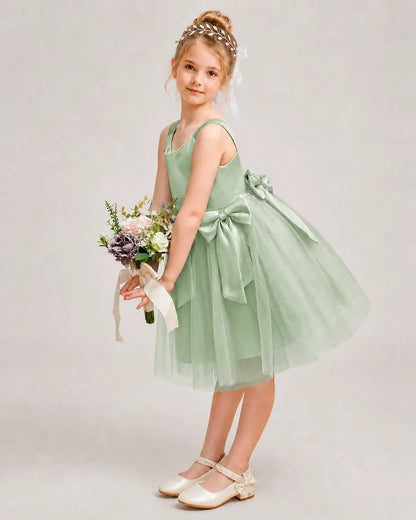 Sagegreen Satin Tulle A-line Girls Formal Dress Side View