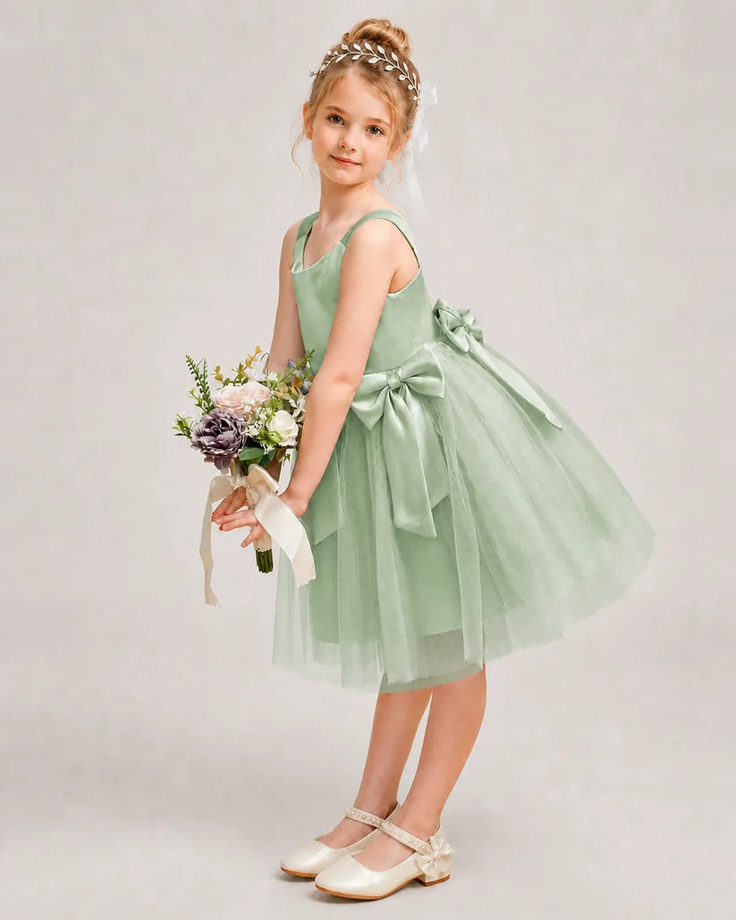 Sagegreen Satin Tulle A-line Girls Formal Dress Side View