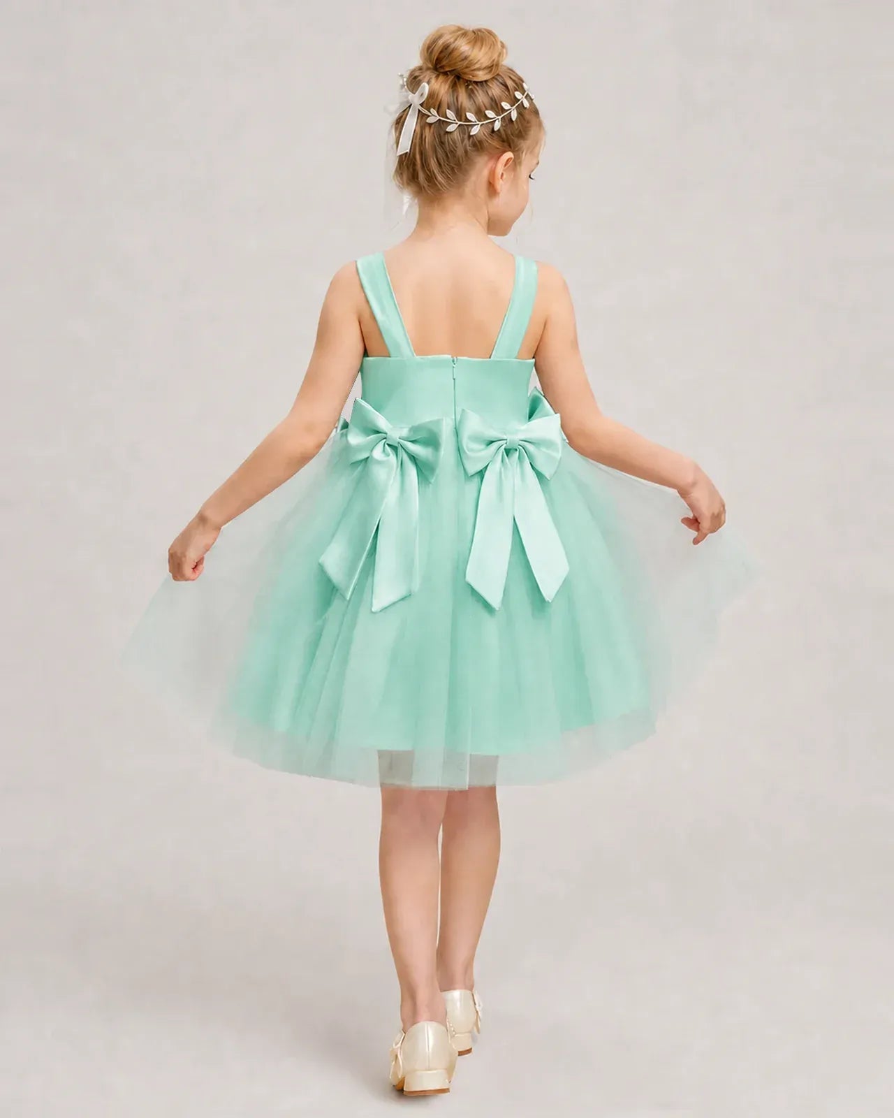 Turquoise Satin Tulle A-line Girls Formal Dress Back View
