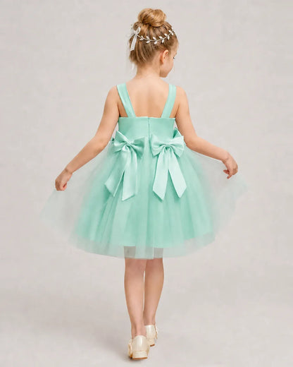 Turquoise Satin Tulle A-line Girls Formal Dress Back View