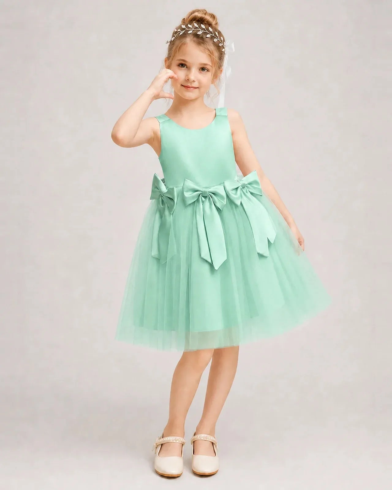 Turquoise Satin Tulle A-line Girls Formal Dress Front View