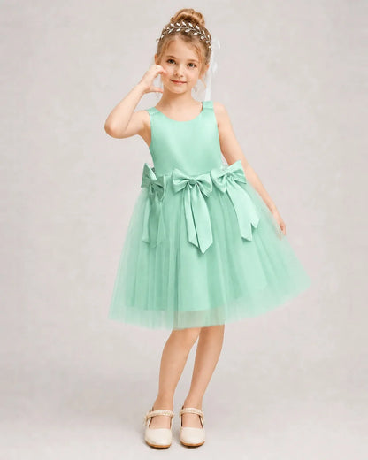 Turquoise Satin Tulle A-line Girls Formal Dress Front View